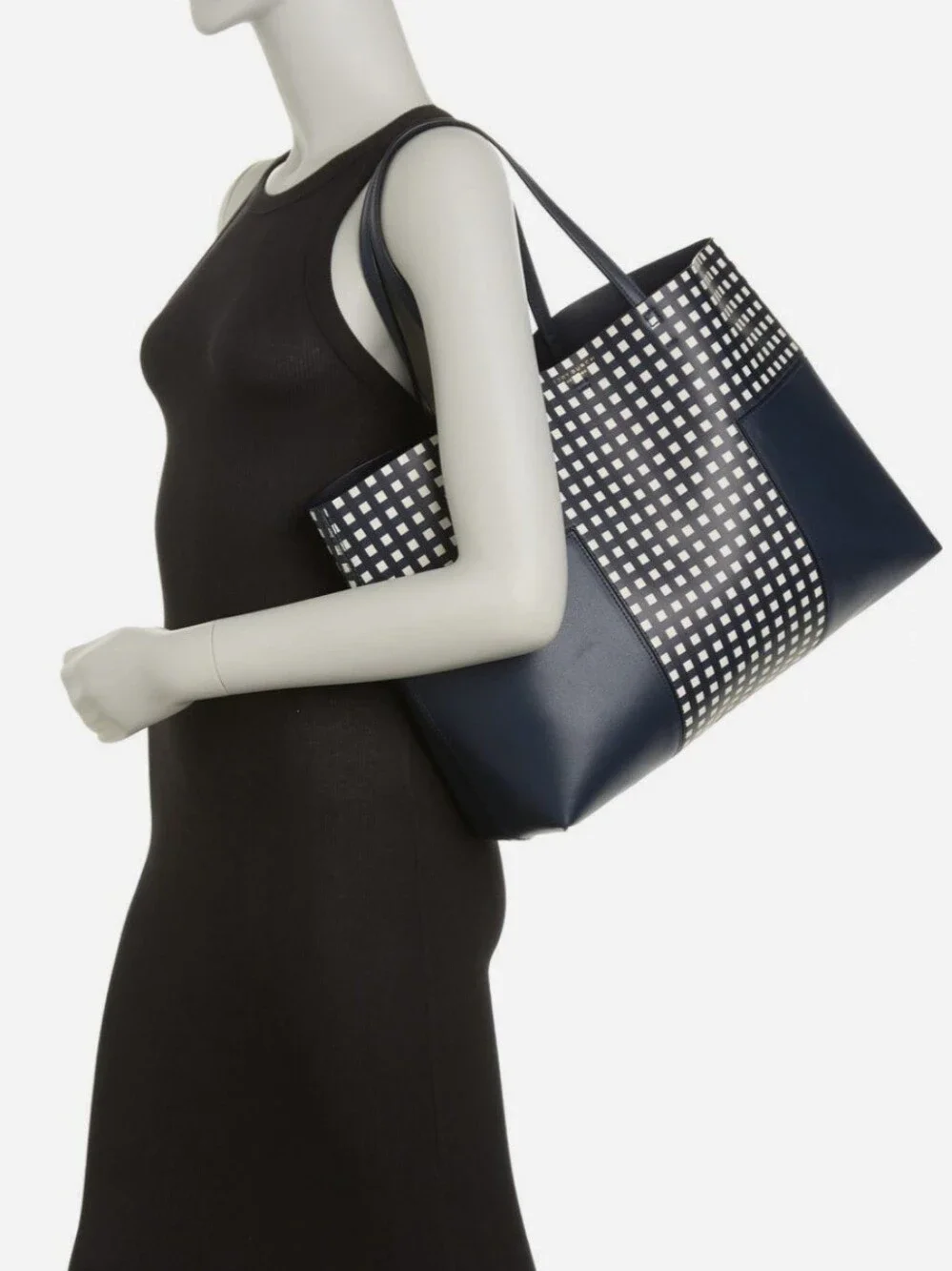 Tory Burch Navy and White Checkered Leather Tote / Pouch Not Available.